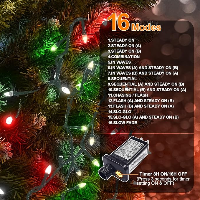 LAMPHOME Red Green White Christmas Mini Lights, 32.5FT 100 LED Clear Bulbs String Lights with 16 Light Modes, Fairy Lights Plug in for Outdoor Xmas Trees Garland Wreath Holiday Decorations