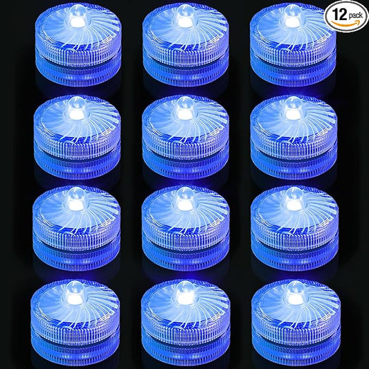 Blue Submersible Led Lights, Waterproof Tea Lights Mini Led Light 100H Battery Operated Underwater Lights for Vase Lantern Table Centerpieces Wedding Party Halloween Christmas Decor (12 Pack)