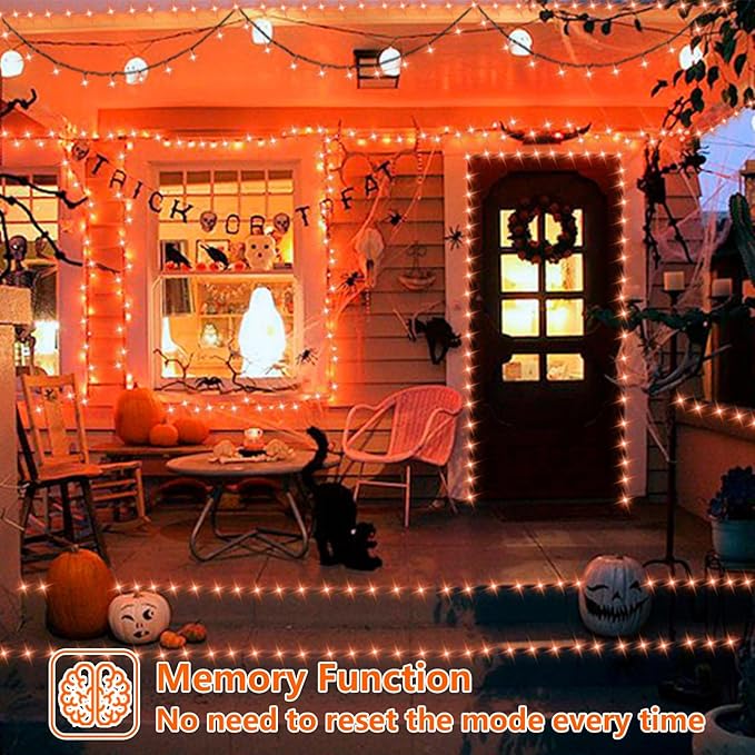 YEGUO 66ft 200 LED Orange Halloween Lights Outdoor Waterproof, Green Wire Christmas String Lights Indoor, 8 Modes Twinkle Tree Lights Plug in with Timer Memory