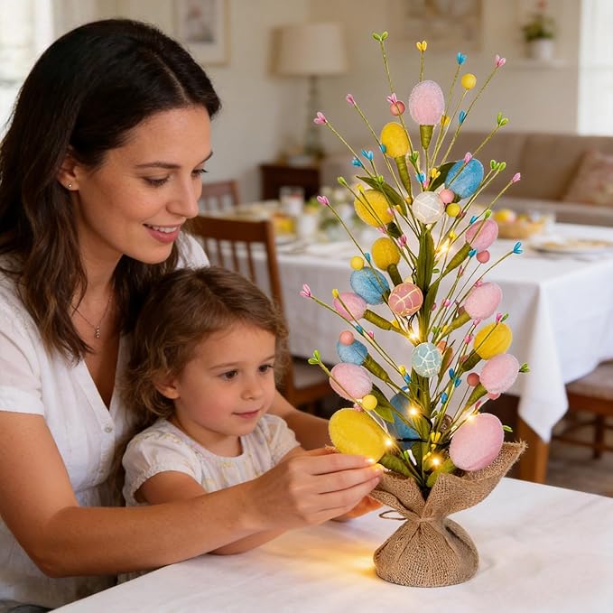 Easter Decorations Pre-Lit Easter Egg Tree with Timer Battery Operated,18inch Lighted Easter Tree Tabletop Decor with Eggs,LED Lights,Artificial Trees for Home Party Mantel Indoor Bedroom Spring
