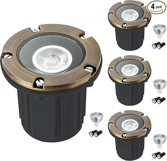 LumStory Brass Low Voltage Landscape Lighting 12V LED Landscape Lights, Outdoor In-Ground Well Lights with MR16 GU5.3 Bulb 3000K Warm White, for Path, Yard, Deck, Driveway, Garden (Flat Top) 4 Pack