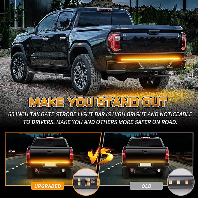 XRIDONSEN 60 inch Truck Tailgate Amber Strobe Lights Strip 360 LED Tail Emergency Light Bar Flashing Warning Hazard Safety Rear Window Lights for Tow Plow Trucks Construction Vehicles Pickup Trailer