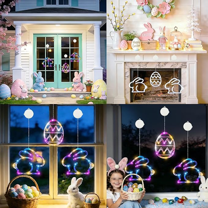 BHCLIGHT 3 Pack Easter Window Lights, Multicolor Bunny and Egg Lights, Battery Operated Easter Window Decorations Light up with Suction Cup and Timer Function for Indoor Window Glass Wall Party Decor