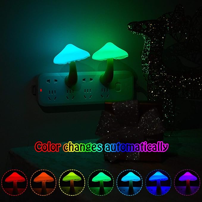 Mudder 2 Pack Mushroom Night Light Plug in Wall Lamp Sensor LED Mushroom Nightlight Cute Mini for Adult Kid Nursery Decor Gift(7 Color Changing)