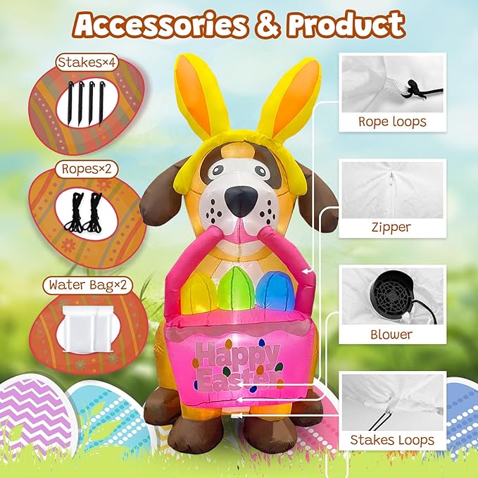 6 FT Easter Inflatables Dog Outdoor Decorations with Bunny Ears, Blow Up Easter Dog Holding Eggs Basket with Build-in LED Lights, Giant Spring Holiday Inflatable Yard Decor for Lawn Garden