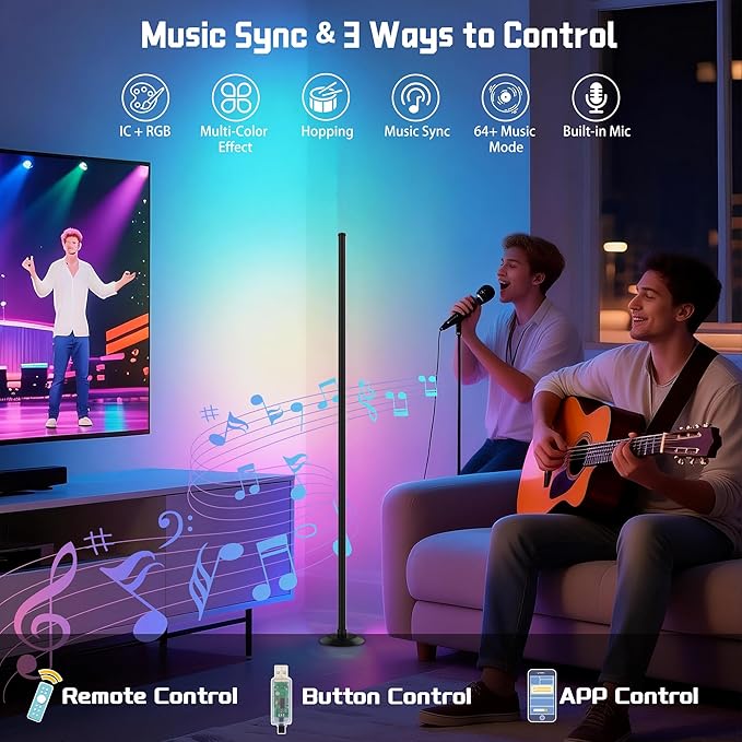 Led Corner Floor Lamp USB Powered with App & Remote Control, Color Changing Led Lamp Music Sync IC+RGBW, Timer, 64+ Music Modes, Standing Lamps for Living Room Lamp Bedroom Gaming Room, 1 Pack