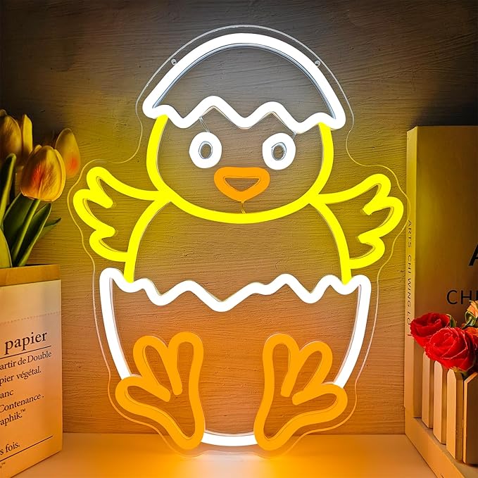 Easter Chicks Neon Sign Dimmable Baby Chicks Led Sign Little Chicken Breaking Out Of Eggshell Window Lights Easter Egg Spring Decorations Gifts For Kids