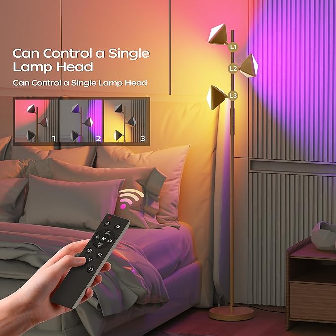 RGBCW Floor Lamp, 36W Color Changing LED Tree Floor Lamp, Stepless Dimmable Tall Standing Lamp with Remote & Touch Control, 2700K-6500K Modern Floor Lamps for Living Room, Bedroom, Gaming Room - Gold