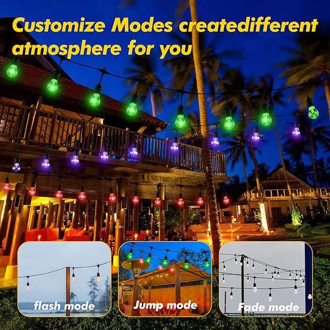 Auroraworld 48FT Solar RGB Outdoor String Lights, Dimmable Waterproof LED Patio Lights with Remote, 15 Shatterproof Edison Bulbs for Cafe Yard Garden Party Decor