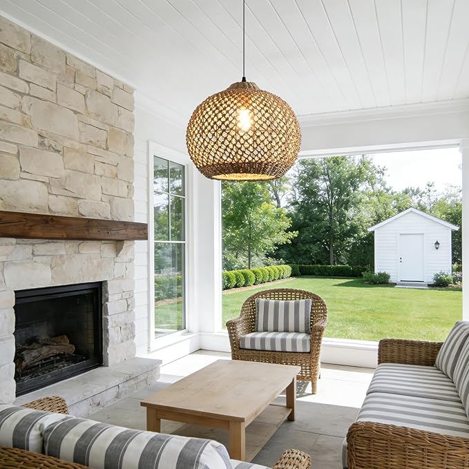 Pendant Light Rattan Fixture,Farmhouse 13.79” Wicker Hand-Woven Suspension Bohemian Chandelier for Kitchen Island Bedroom Living Room Entry Hallway