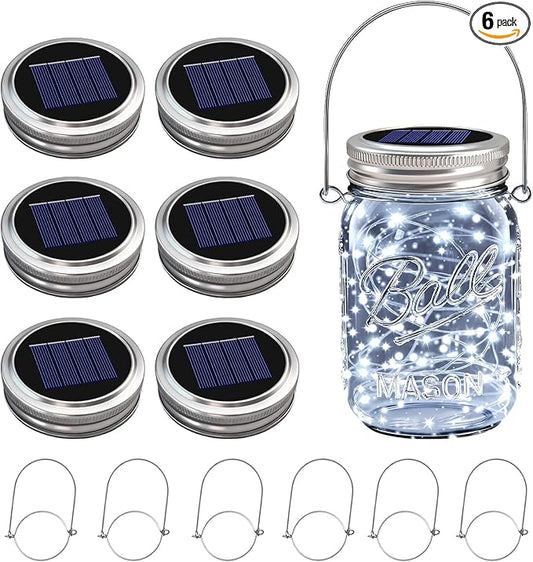 VOOKRY 6 Pack Solar Mason Jar Lights, 30 LED Mason Jar Lids Waterproof Firefly Fairy String Lights with 6 Hangers(No Jars), for Outdoor Patio Garden Yard Lawn Party Wedding Decoration - Cool White