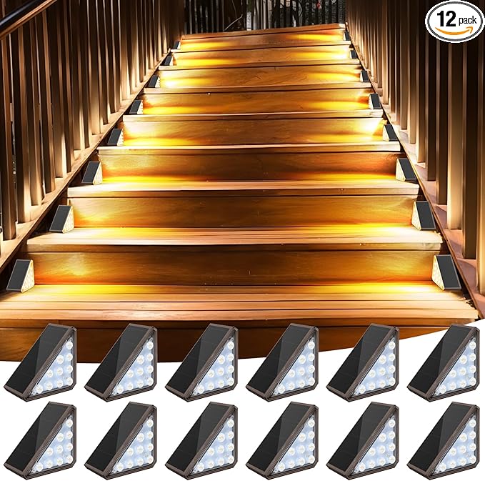 12 Pack Solar Stair Lights Outdoor Stair Lights with Waterproof IP67 LED Solar Light for Outside Light Decor for Deck, Front Step, Front Porch, Patio, Garden and Backyard (Brown)