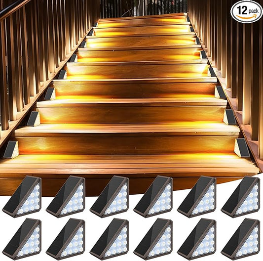 12 Pack Solar Stair Lights Outdoor Stair Lights with Waterproof IP67 LED Solar Light for Outside Light Decor for Deck, Front Step, Front Porch, Patio, Garden and Backyard (Brown)