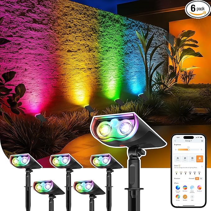 Linkind Smart Solar Lights Outdoor SL5 with Motion Sensor, APP Control Color Changing Solar Spot Lights Outdoor, Easter Decorations, IP65 Landscape Lighting for Yard, Garden, Path(6 Pack)