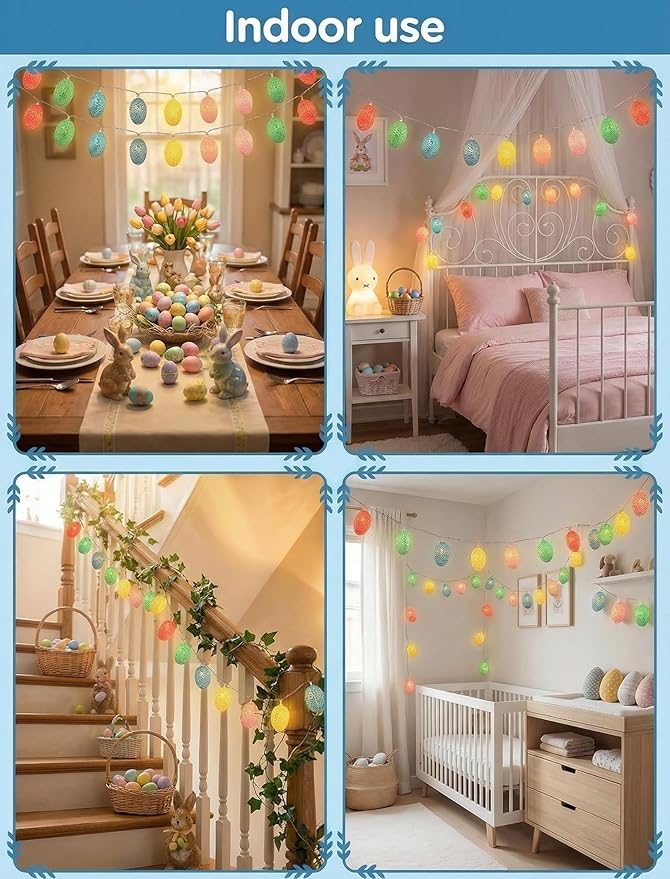 Easter Egg String Lights, 8.5Ft Easter Day Egg Lights with 10 LED Multicolor Eggs, Indoor Fairy String Lights Plug in Waterproof Connectable for Indoor Bedroom Patio Garden Spring Theme Party Decor