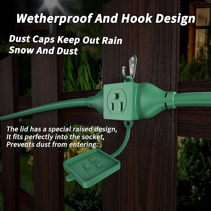 25 FT Green Outdoor Extension Cord with Multiple Outlets, 16/3 Gauge Outdoor Green Extension Cord Evenly Spaced 3 Outlets Plugs Waterproof, 13AMP 1625W 125V 16AWG SJTW, ETL Listed