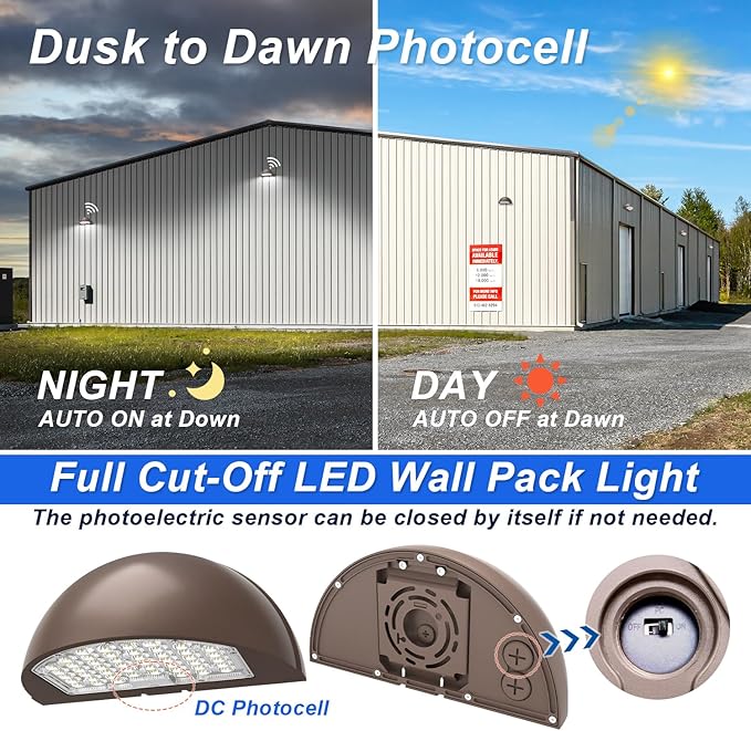 Half Moon Full Cut-Off LED Wall Pack Light with Photocell, 80W/64W/48W Power Selectable, 3CCT (3000K/4000K/5000K) Optional, IP65 Waterproof Outdoor Wall Security Light, AC120-347V, DLC UL Listed