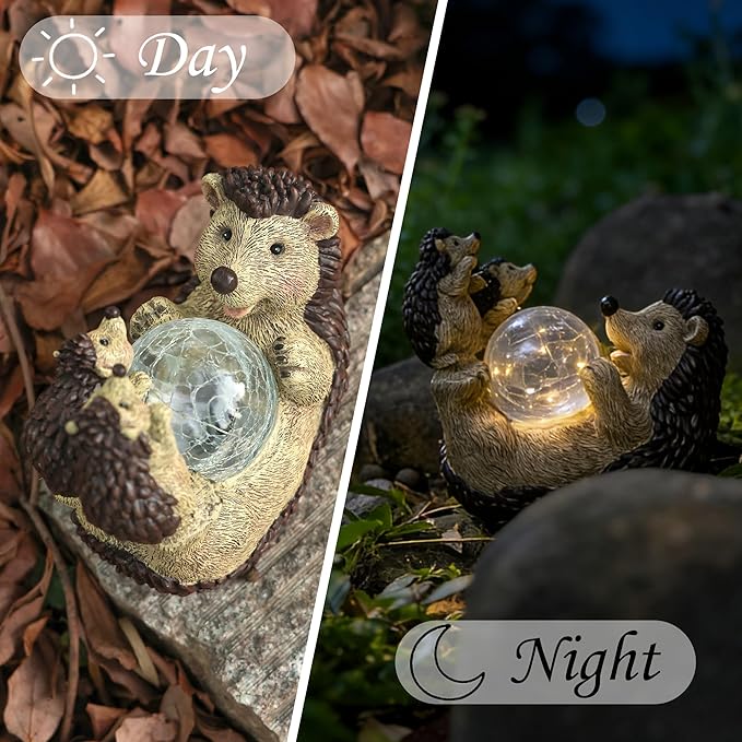 Solar Hedgehog Statue with Ball Lamp, 9x5x9 Inch Outdoor Garden Decor, Cute Resin Animal Figurine for Yard Pathway & Patio Lighting