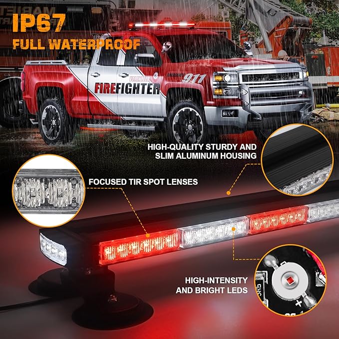 XRIDONSEN 37 inch 104 LED Roof Top Emergency Lights Red White Emergency Firefighter Strong Magnetic Strobe Light Bar Warning Hazard Flashing Safety First Responder for Vehicles POV Fire Trucks Pickup