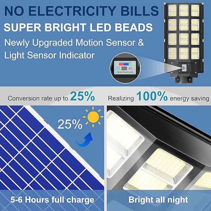 loyoele Solar Street Light 8000W Outdoor Waterproof, Solar Outdoor LED Street Light 120000 Lumens 7000K Dusk to Dawn, LED Wide Angle Lamp with Motion Sensor, for Parking Lot, Yard 1-Pack