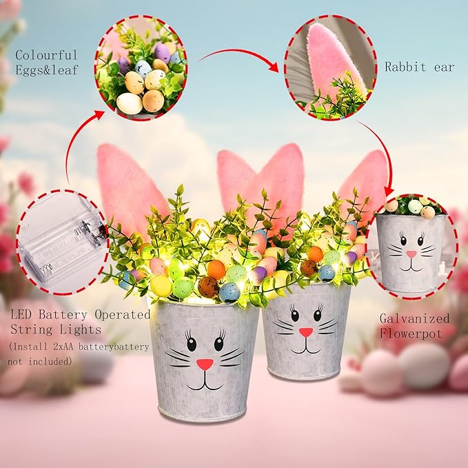 KC&KST 2 Pcs Easter Decorations Indoor Artificial Flower with Bunny Ear, Lighted Bunny Desk Decor with Color Eggs, Perfect Table Decorations for Home & Spring Party Centerpieces(Easter Bunny Flower)