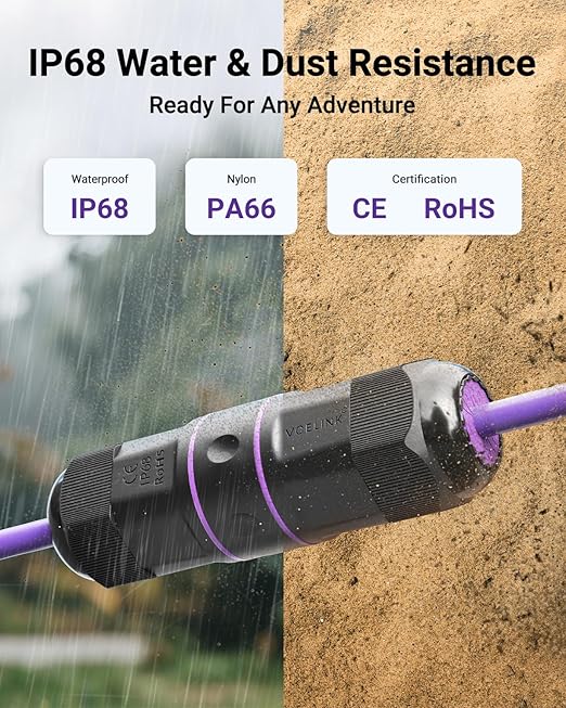VCELINK Waterproof RJ45 Coupler IP68 Short Profile, Cat6/Cat5E/Cat5 Waterproof Ethernet Connector Shielded, Outdoor Network LAN Cable Extender PoE, 3.23in (Purple-3 Pack)