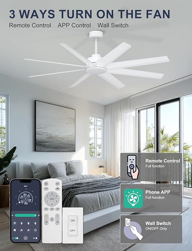 Ohniyou 60'' Ceiling Fan With No Light - Modern White 8 Blades Ceiling Fan Remote/APP Control, DC Motor Outdoor Fan for Covered Patio, Living Room, Shop, Garage
