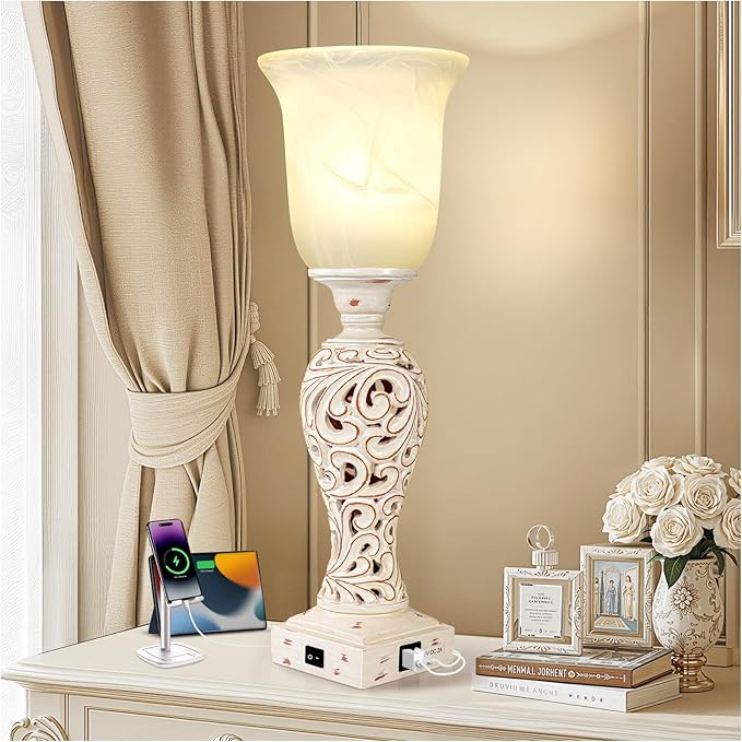20" Bedside Lamp for Bedroom, Torchiere Table Lamp with 2 USB Charging Ports, Vintage Desk Lamp with Glass Shade, 3-Way Dimmable Bulb Included, Retro Rustic Nightstand Lamp for Living Room Entryway