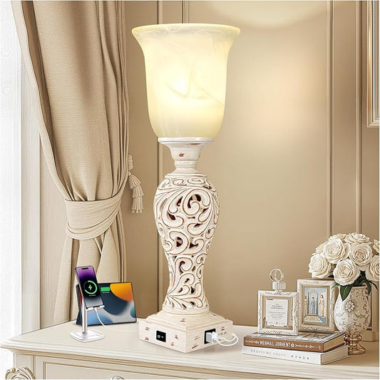20" Bedside Lamp for Bedroom, Torchiere Table Lamp with 2 USB Charging Ports, Vintage Desk Lamp with Glass Shade, 3-Way Dimmable Bulb Included, Retro Rustic Nightstand Lamp for Living Room Entryway