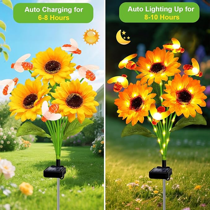 Solar Garden Lights 4 Pack Solar Swaying Bee Lights with Sunflowers, Gifts for Mom Women Mothers Day, Waterproof Firefly Flower Light for Outdoor Decor,Decoration for Patio Yard Landscape