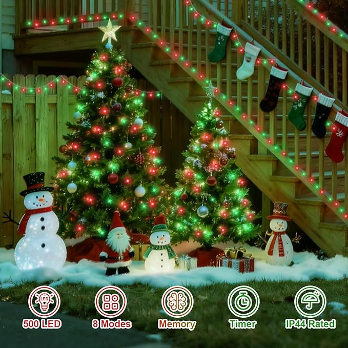 QITONG Red and Green String Light Outdoor Waterproof, 165ft 500 LED Clear Wire Christmas Lights Indoor, 8 Modes Twinkle Xmas Light Plug-in