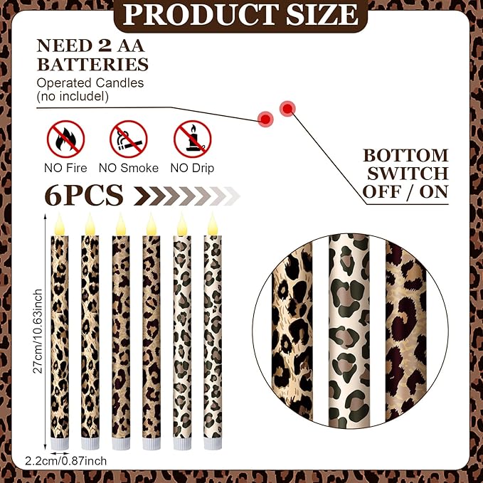 Honoson 6 Pcs Leopard Flameless Taper Candles 10.6 Inch Cheetah Print Candles Battery Operated LED Candlesticks for Animal Theme Birthday Party Dinner Table Home Bathroom Decor