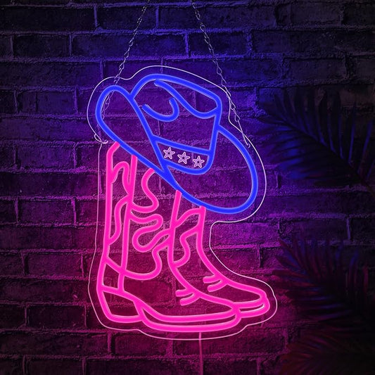 Cowboy Hat and Boot Neon Sign for Wall Decor,Dimmable LED Pink Cowgirls Boot Neon Signs 15X10.8 in USB Powered Western Cowboy Neon Light for Game Room Bedroom Party Bar Decor Birthday Christmas Gift