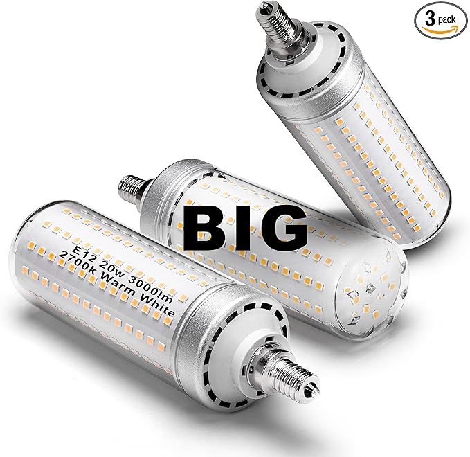 Big Size 1.77x 6.1 inch, E12 200w LED Candelabra Bulbs C7 Replacement,2700K Warm White,3000 Lumen T6 E12 20W LED Chandelier Light Bulbs for Ceiling Fan Pendant Lighting Floor Lamp,Non-dimmable,3 Pack