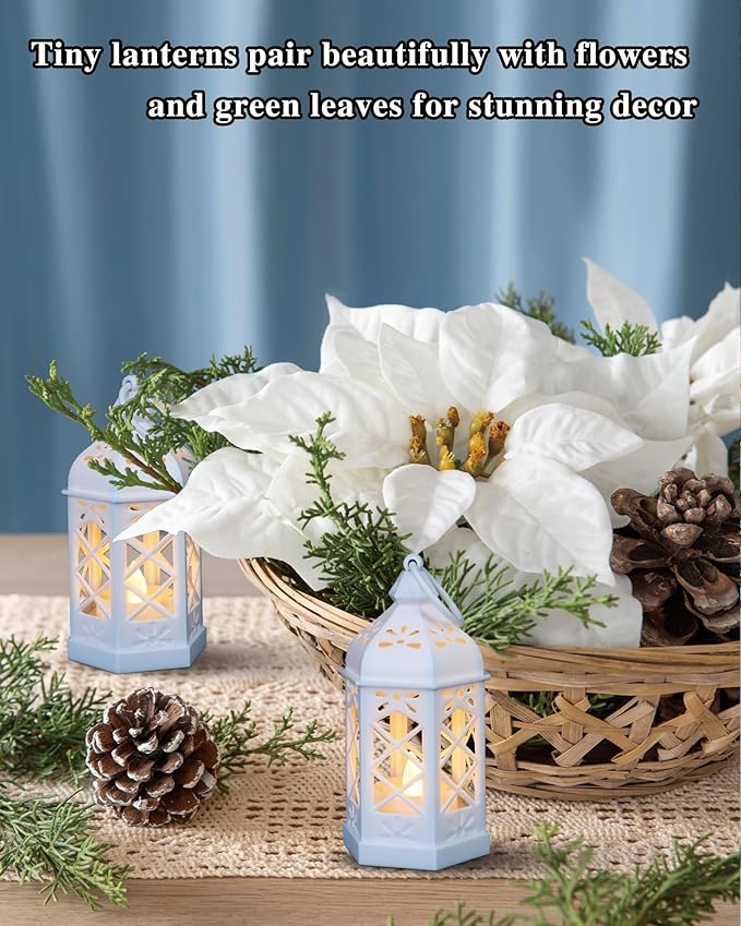 8-Pack Mini Lanterns for Ramadan, Wedding,Halloween,Christmas, Small Decorative Lanterns with LED Candle for Baby Shower Party, Moroccan Lantern for Table Centerpiece, Medieval Decor, White