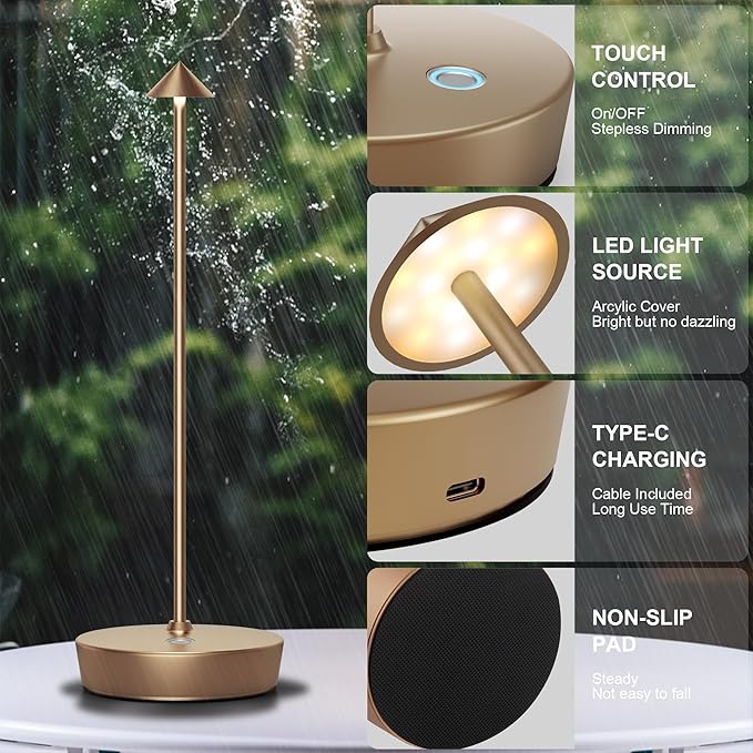 Cordless Battery Powered Table Lamp, Rechargeable LED Dimmable Brightness Metal 6000mAh Touch Desk Lamp Portable Modern Design for Restaurant Patio Indoor & Outdoor (Titanium 2 Pack)