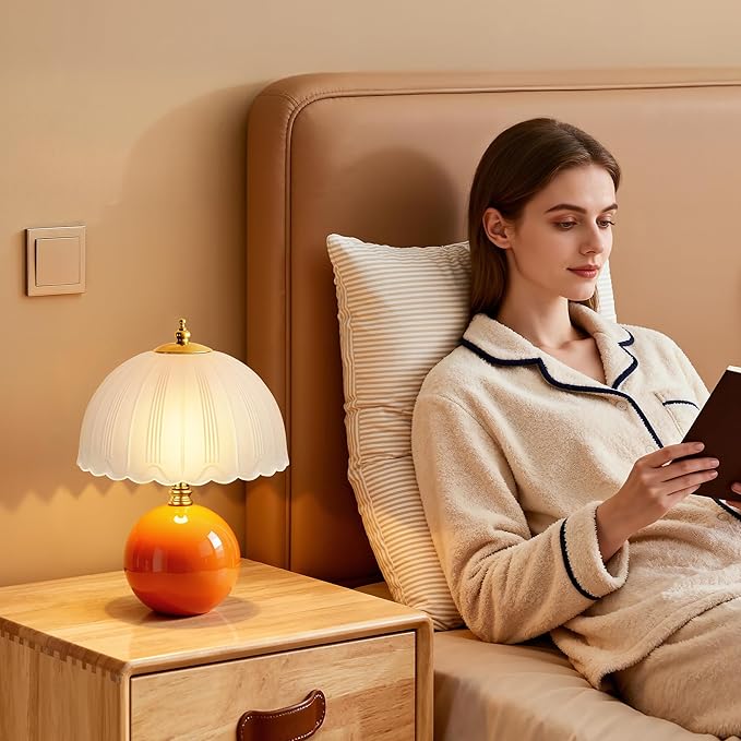 PARTPHONER Mushroom Table Lamp, Ceramic Bedside Lamp with Glass Shade, 3-Way Lighting (2700K-5000K) Rocker Switch, Small Nightstand Lamp for Bedroom, Living Room, Office, Orange