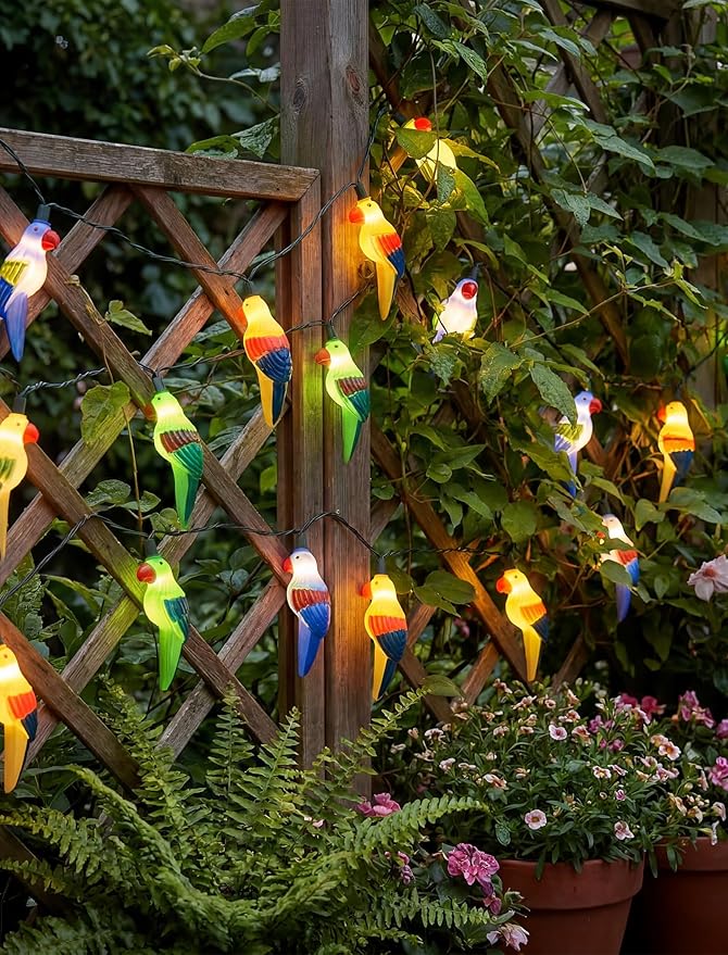 8.5Ft Parrot Outdoor String Lights, LED Tropical Themed Patio Lights with 10 Multicolor Birds Lights, Plug in Hanging Fairy String Lights for Backyard Summer Camp Window Decor Gift