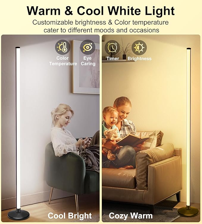 LanSuper Corner Floor Lamp,Smart RGB LED Corner Lamp with Luminous Base,21W 1800LM Bright Floor lamp with APP&Remote,LED Floor Lamps with Music Sync&16 Million Color,Ambient Lighting-Black