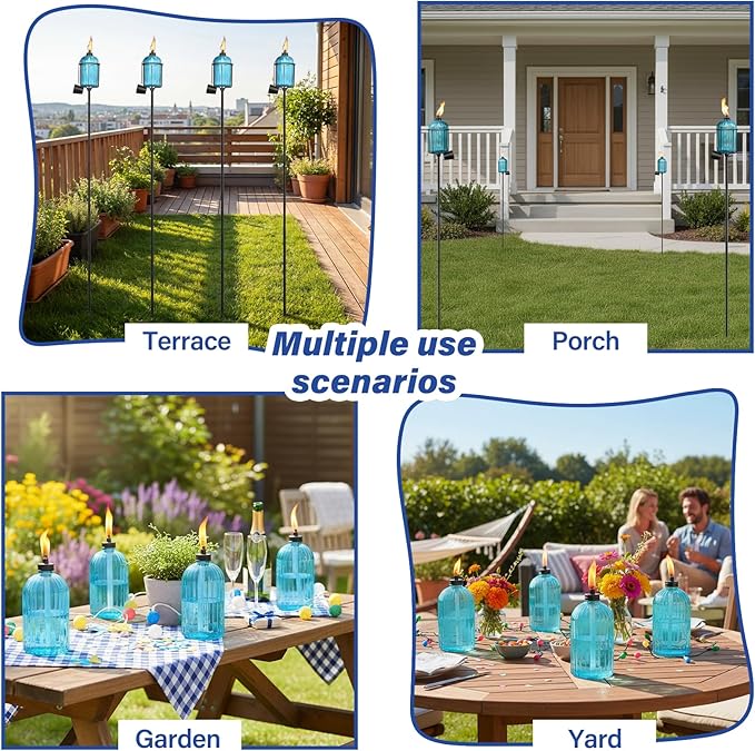 4 Pack Glass Garden Torch , 13.5 oz Blue Outdoor Torch Garden Décor , 61-Inch Upgraded Citronella Torches with 3-Prong Grounded Stake , Metal Light Torches for Party Patio Pathway