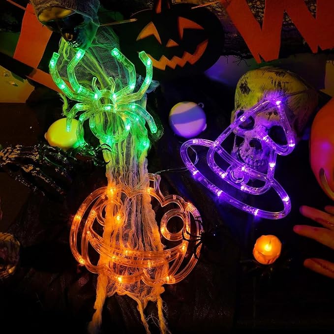 BHCLIGHT 3 Pack Halloween Window Lights Orange Pumpkin Purple Witch Hat Green Spider Battery Operated, Window Light with Suction Cup and Timer Function for Indoor Outdoor Halloween Party Decorations
