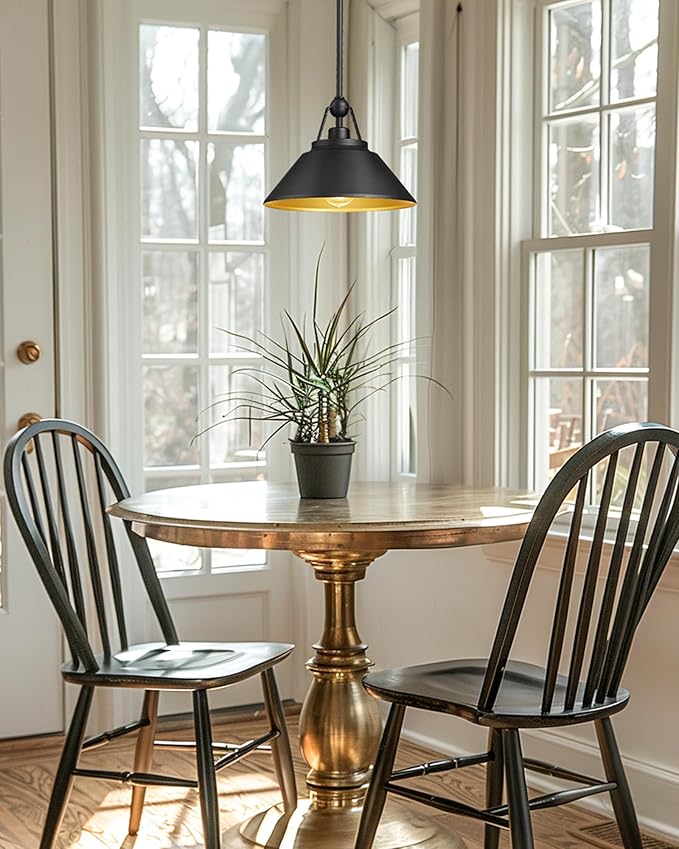 Barn Pendant Light Fixture, HWH 1-Light Hanging Lighting 12-Inch, Industrial Pendant Lights for Kitchen Island Farmhouse Dinning Room, Black and Gold Finish, 5HYS89MIL BK