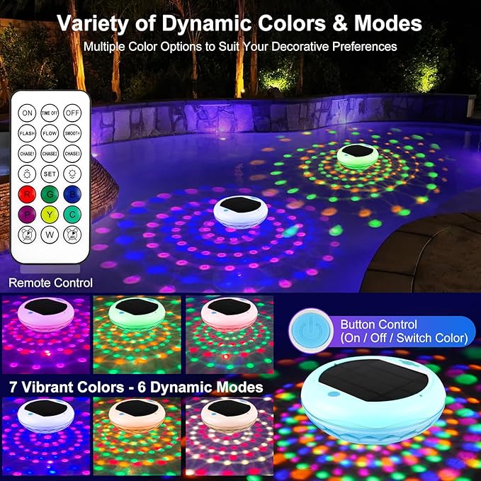 2-in-1 Solar and Rechargeable Floating Pool Lights: 6.7" Pool Lights That Float 6 Dynamic Modes with Remote IP68 Waterproof Hang RGB Upper and Lower Bathtub Light for Garden Pond 1 Pack