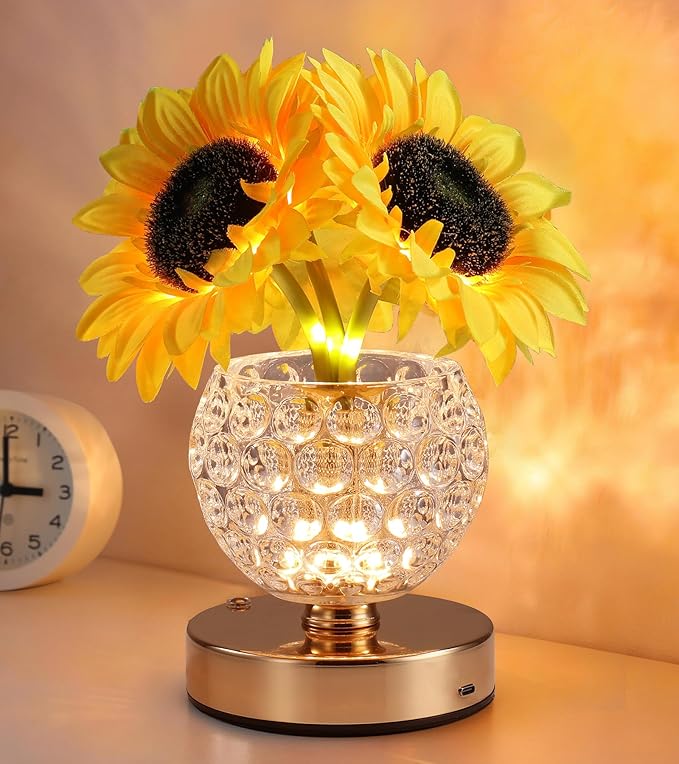 Sunflower Lamp Gifts for Women,Rechargeable Cordless Touch Lamp with 3-Colour Dimming,Crystal Vase Flower Light for Birthday Gifts,Mother's Day for Mom,Christmas,Home Decor,Bedroom