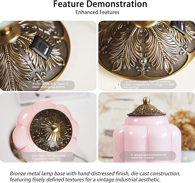 Vintage Pink Glass Touch Table Lamp, Elegant Milk Glass Bedside Desk Lamp 3 Way Dimmable with USB C+A Charging Ports - Bedroom Nightstand & Living Room Essential, 4W Bulb Included (Pink, 6.5)