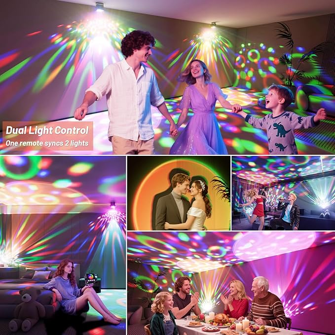 2 Pack Disco Ball Light Party Lights, LED Dj Disco Light Sunset Lamp Projector Strobe Light Sound Activated Stage Lights with Remote Control for Home Room/Parties/Kids Birthday/Wedding/Wall/Bar/Decor