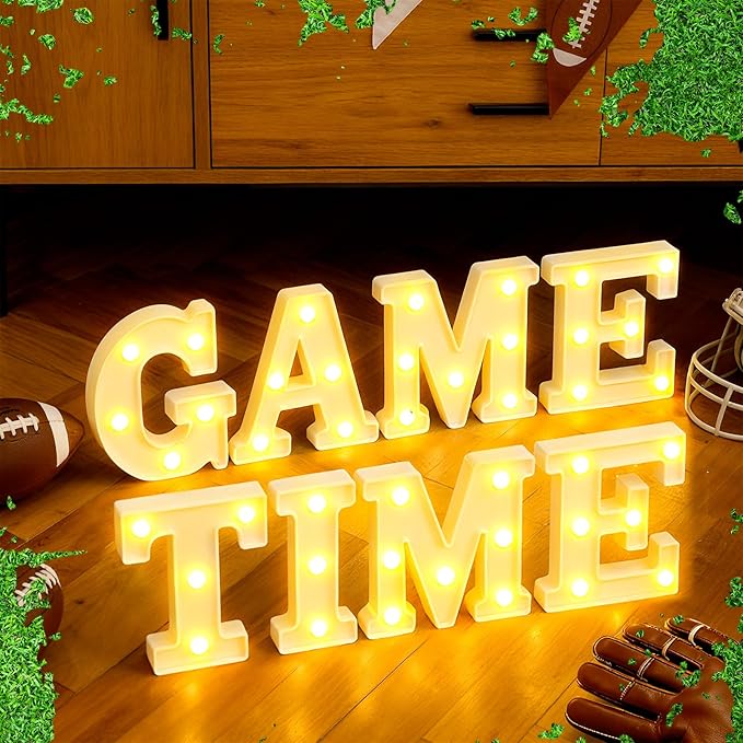 8 Pcs Football Game Time Large LED Letter Sign LED Lights Battery Powered Game Time Table Decorations for Football Theme Party Decoration