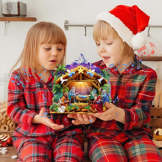 FaCraft Religious Nativity Musical Christmas Cards, 10"x7" Handmade 5-Layer 3D Pop Up Christmas Cards Gift Jesus Christ Birth Scene Decoration with Envelope, Blank Note, Seal, for Family Friends Kids