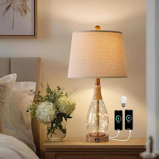 OYEARS 23" USB A+C Table Lamp for Bedroom Living Room Modern Bedside Lamps Retro Farmhouse Rattan Glass Nightstand Nightlight Lamps,Two Light Points