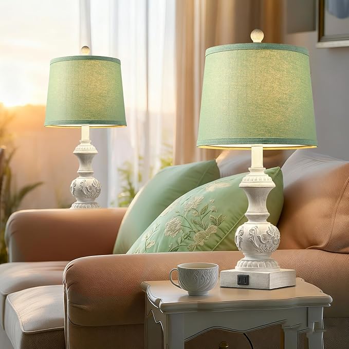 Green Bedside Lamp Set of 2 Vintage Farmhouse Table Lamps with USB A+C Ports 23.5" Floral Carved Pull Chain Boho Nightstand Lamps for Living Room Bedroom Home Office Dorm (No Bulb)